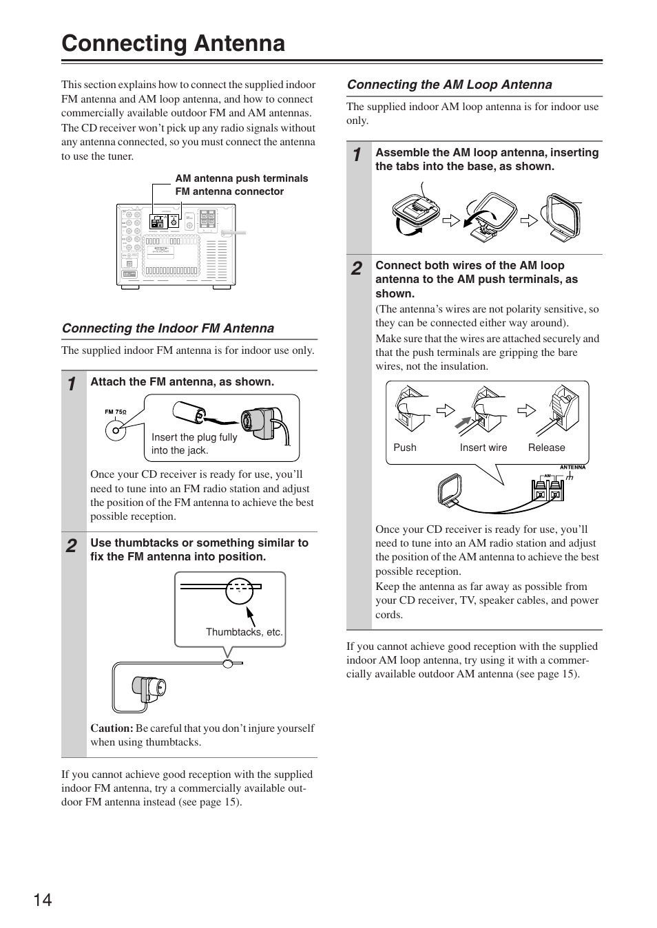 Connecting antenna, Connecting the indoor fm antenna, Connecting the am loop antenna | Onkyo CR-N7 User Manual | Page 14 / 56