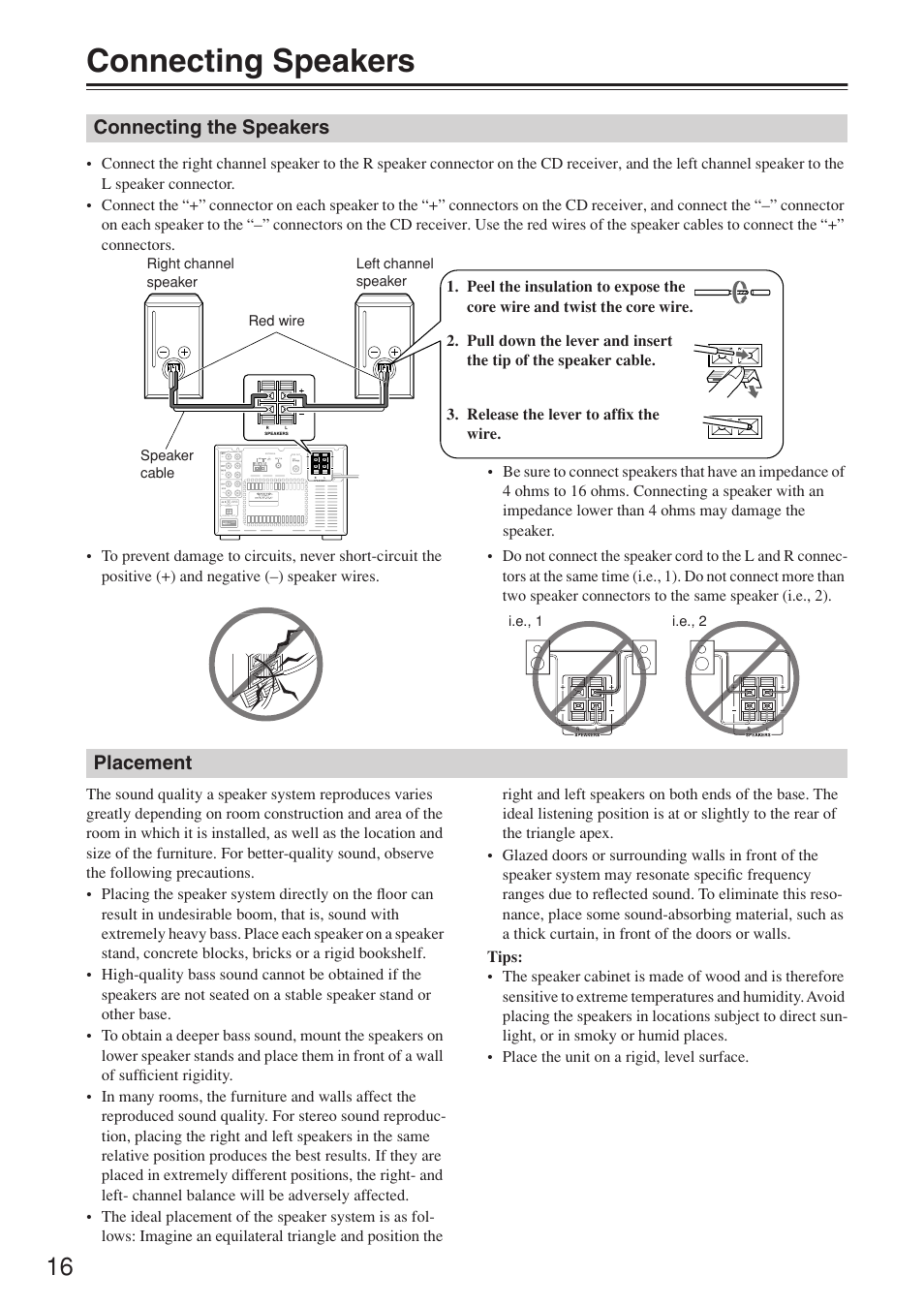 Connecting speakers, Connecting the speakers, Placement | Onkyo CR-N7 User Manual | Page 16 / 56