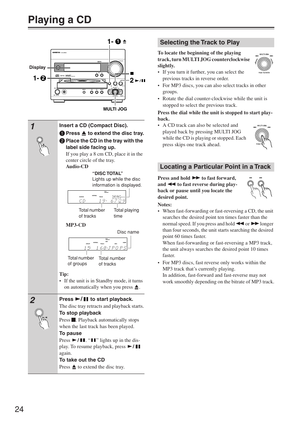 Playing a cd | Onkyo CR-N7 User Manual | Page 24 / 56