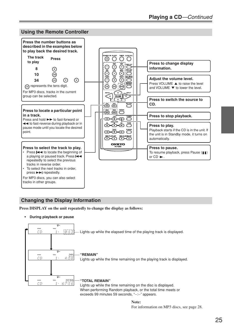 Playing a cd —continued, Using the remote controller, Changing the display information | Onkyo CR-N7 User Manual | Page 25 / 56