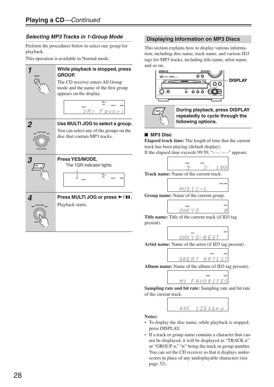 Playing a cd —continued, Selecting mp3 tracks in 1-group mode, Displaying information on mp3 discs | Press yes/mode, Press multi jog or press . playback starts | Onkyo CR-N7 User Manual | Page 28 / 56