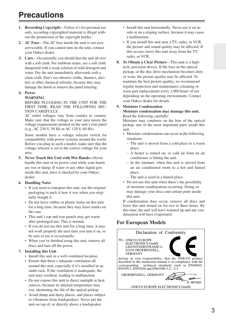 Precautions, For european models | Onkyo CR-N7 User Manual | Page 3 / 56