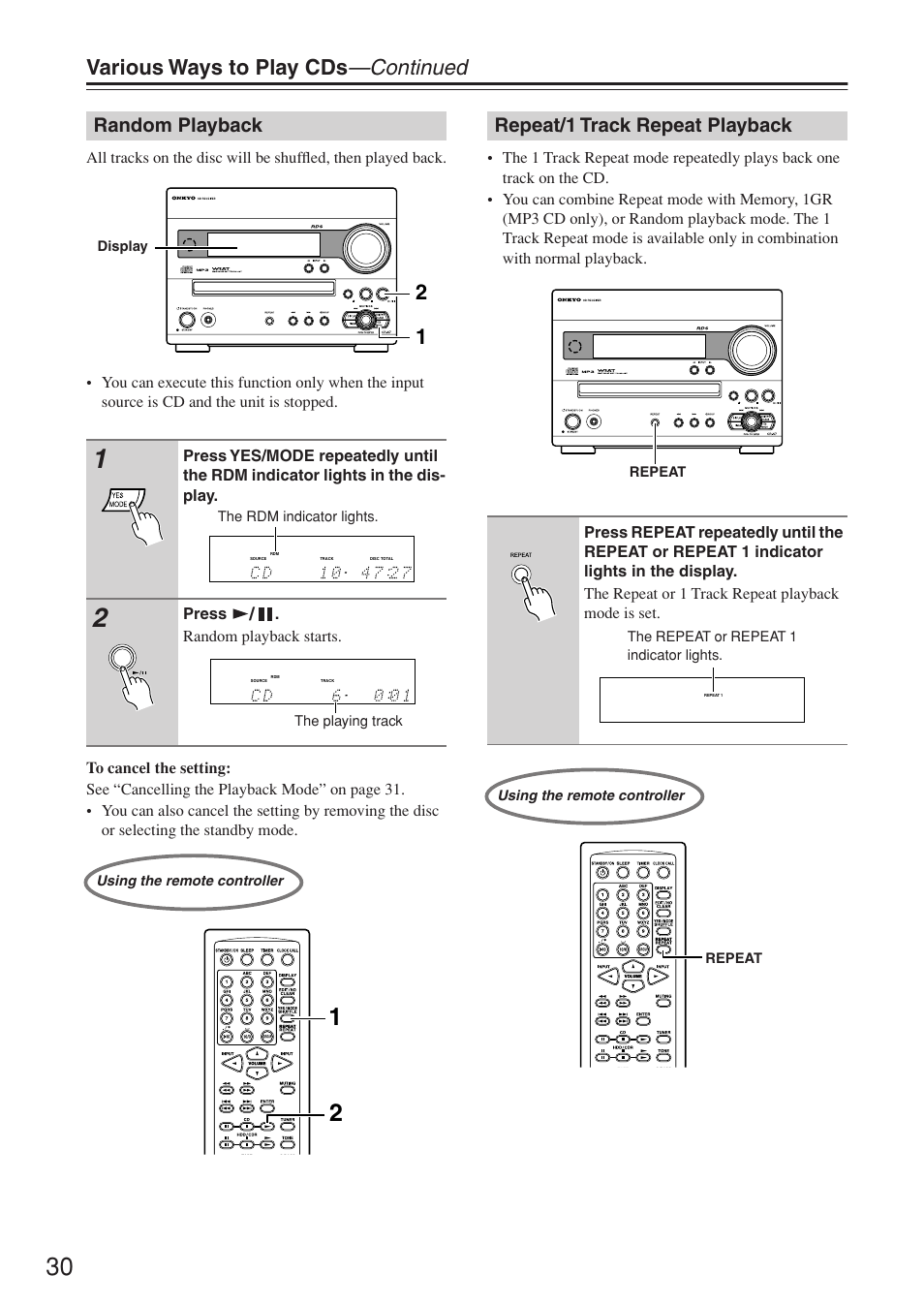 Various ways to play cds —continued, Random playback, Repeat/1 track repeat playback | Onkyo CR-N7 User Manual | Page 30 / 56