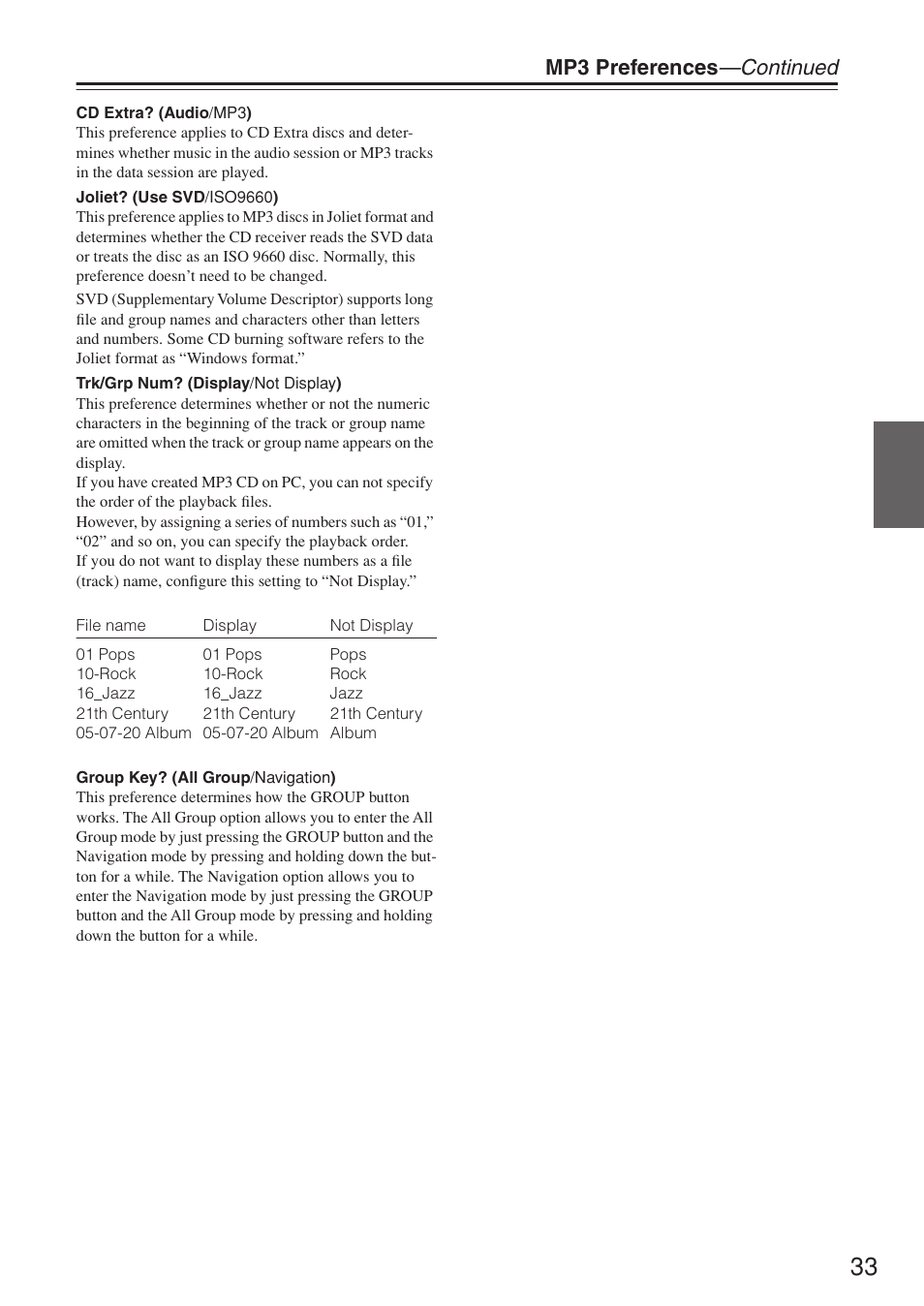 Mp3 preferences —continued | Onkyo CR-N7 User Manual | Page 33 / 56