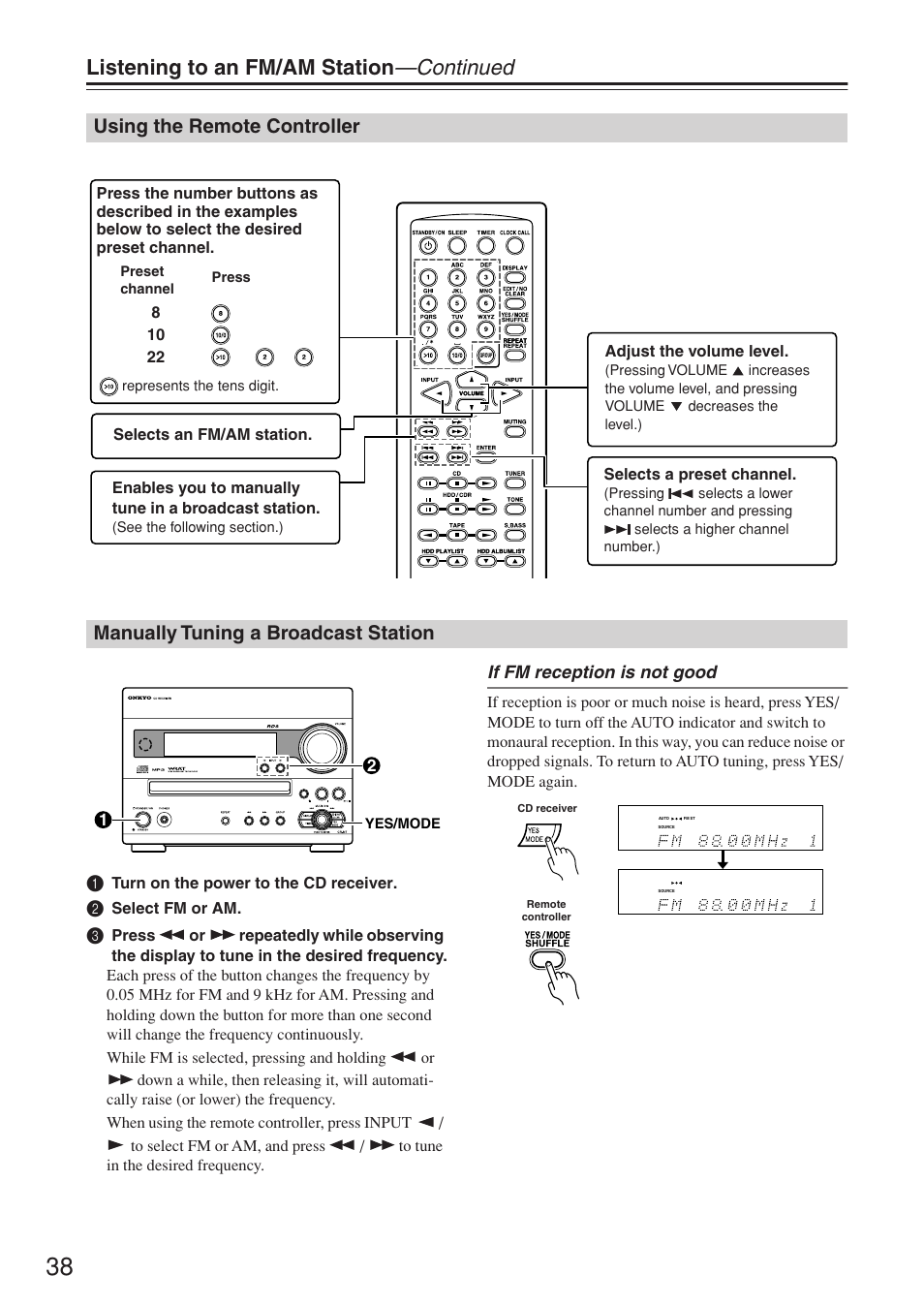 Listening to an fm/am station —continued, Using the remote controller, Manually tuning a broadcast station | Onkyo CR-N7 User Manual | Page 38 / 56