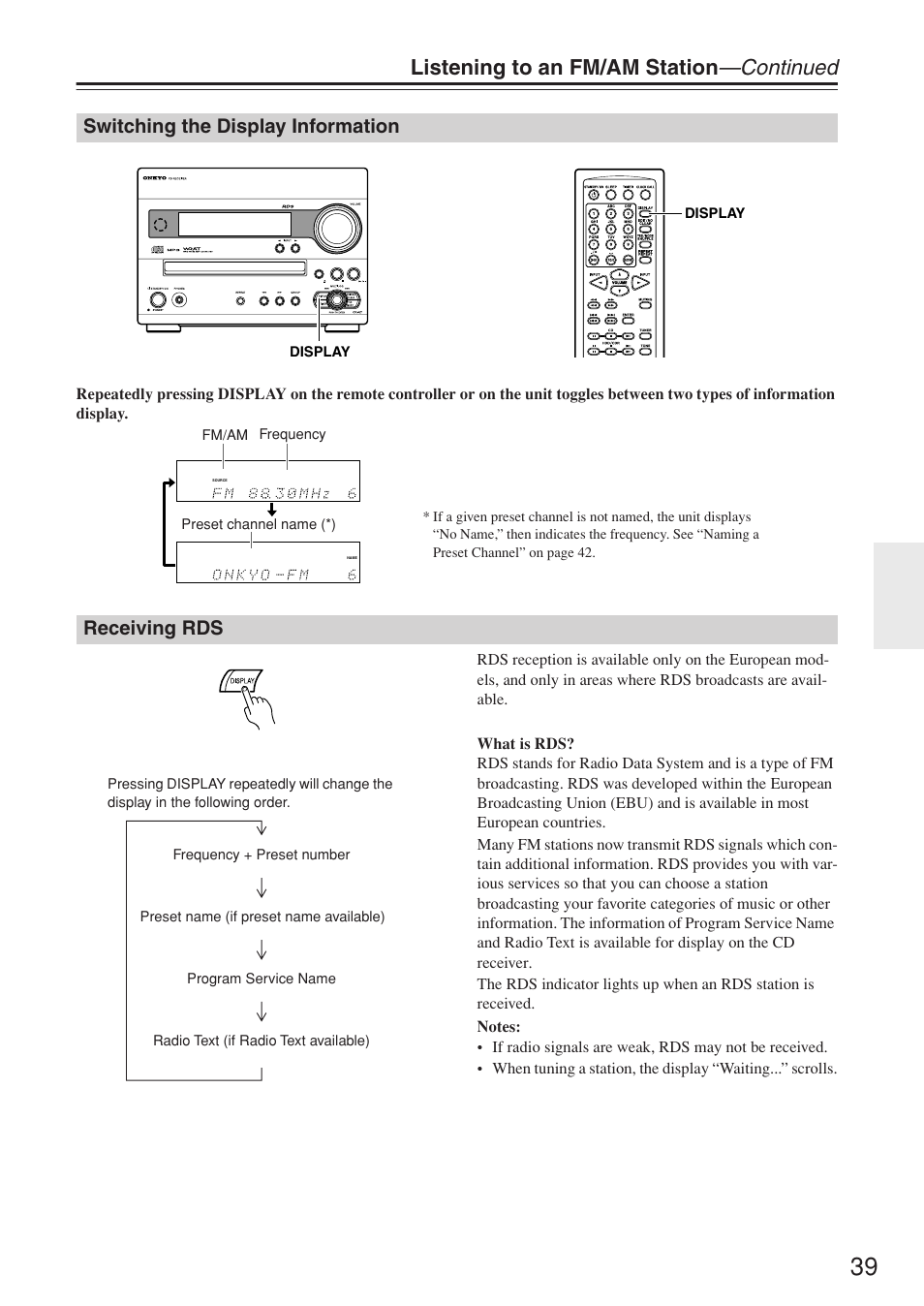 Listening to an fm/am station —continued, Switching the display information, Receiving rds | Onkyo CR-N7 User Manual | Page 39 / 56