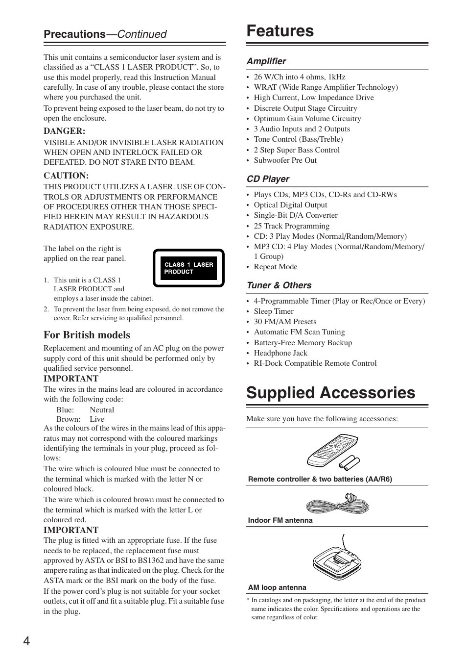 Features, Supplied accessories, Precautions —continued | For british models | Onkyo CR-N7 User Manual | Page 4 / 56
