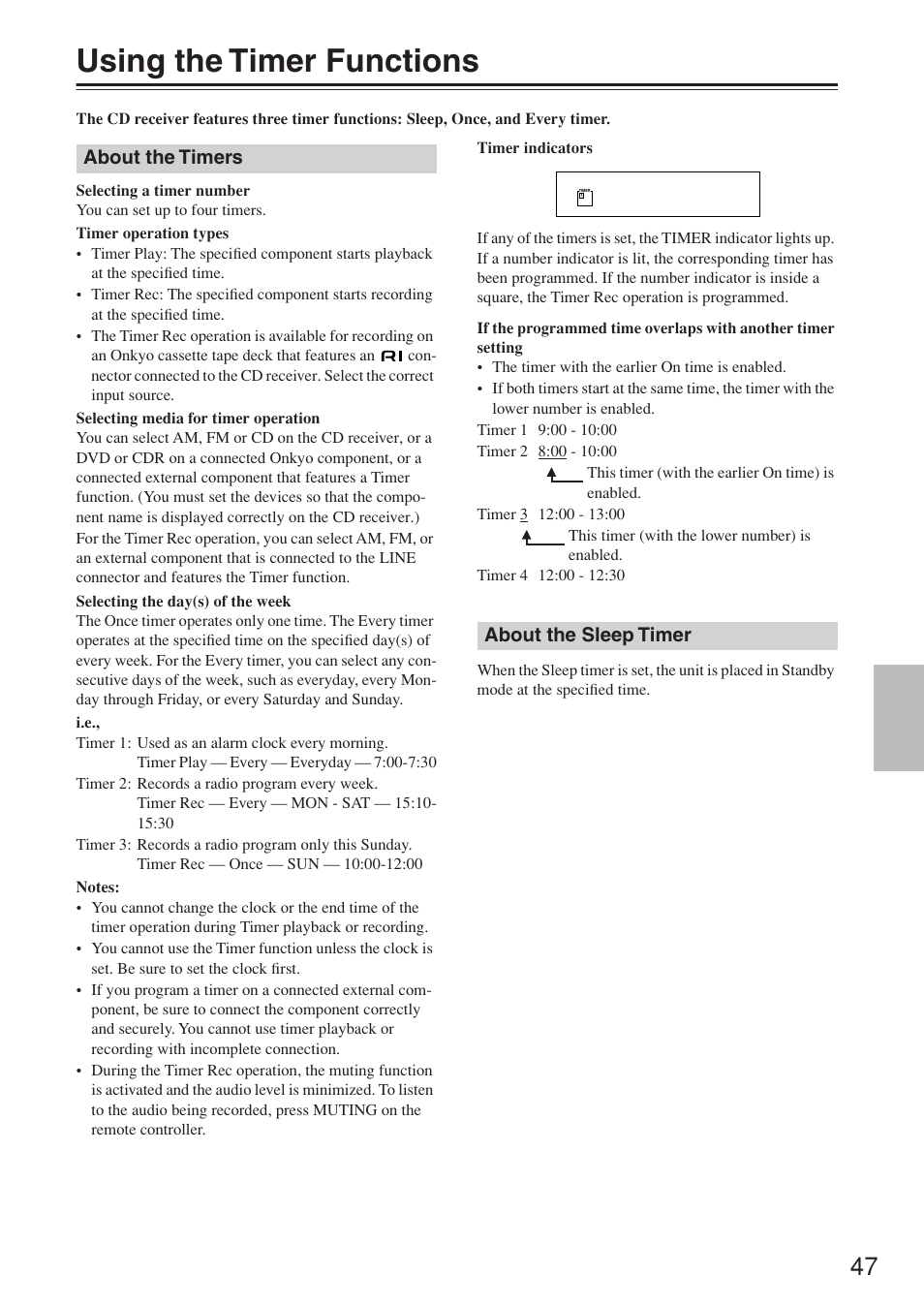 Using the timer functions, About the timers about the sleep timer | Onkyo CR-N7 User Manual | Page 47 / 56