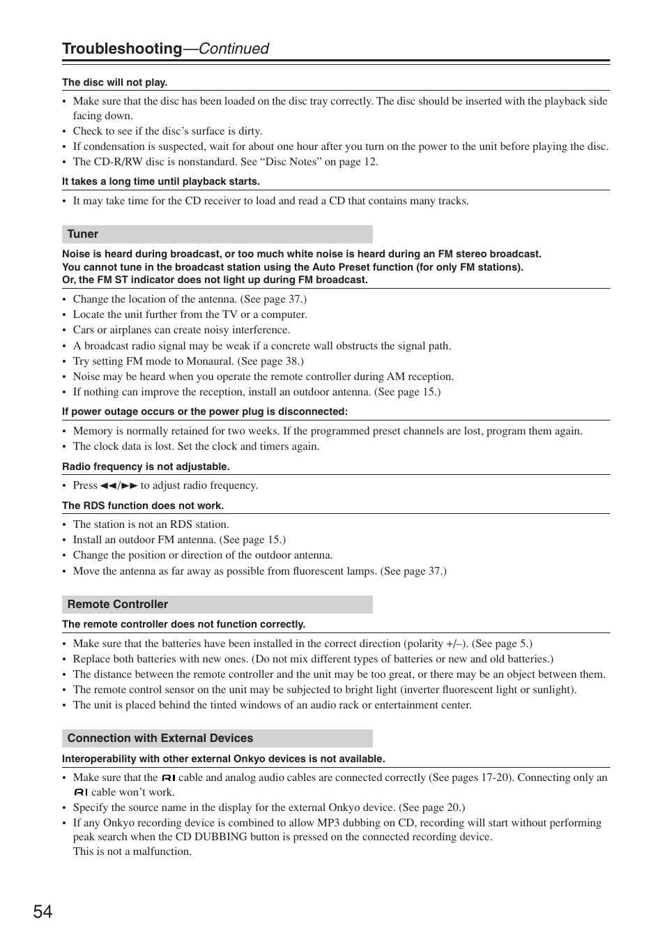 Troubleshooting —continued | Onkyo CR-N7 User Manual | Page 54 / 56