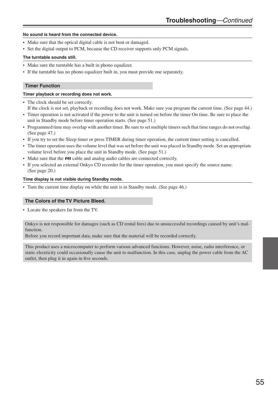 Troubleshooting —continued | Onkyo CR-N7 User Manual | Page 55 / 56