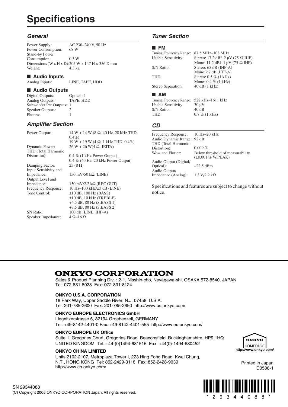 Specifications, General | Onkyo CR-N7 User Manual | Page 56 / 56