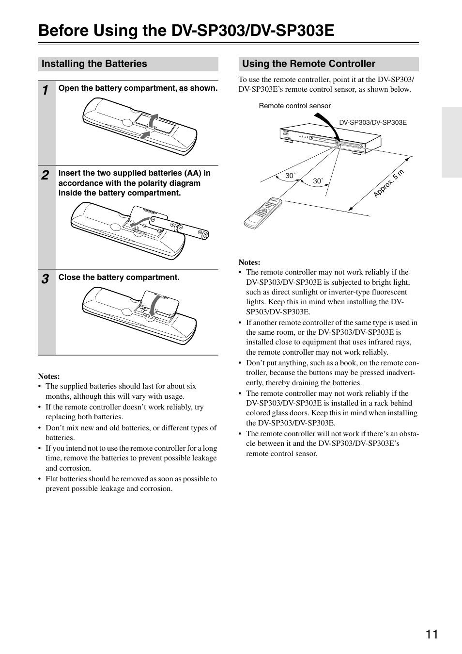 Before using the dv-sp303/dv-sp303e, Installing the batteries, Using the remote controller | Onkyo DV-SP303E User Manual | Page 11 / 56