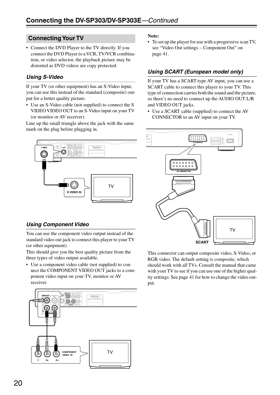 Connecting your tv, Out[20, Video out [20 | Or [20] (eur, Using s-video, Using component video, Using scart (european model only) | Onkyo DV-SP303E User Manual | Page 20 / 56