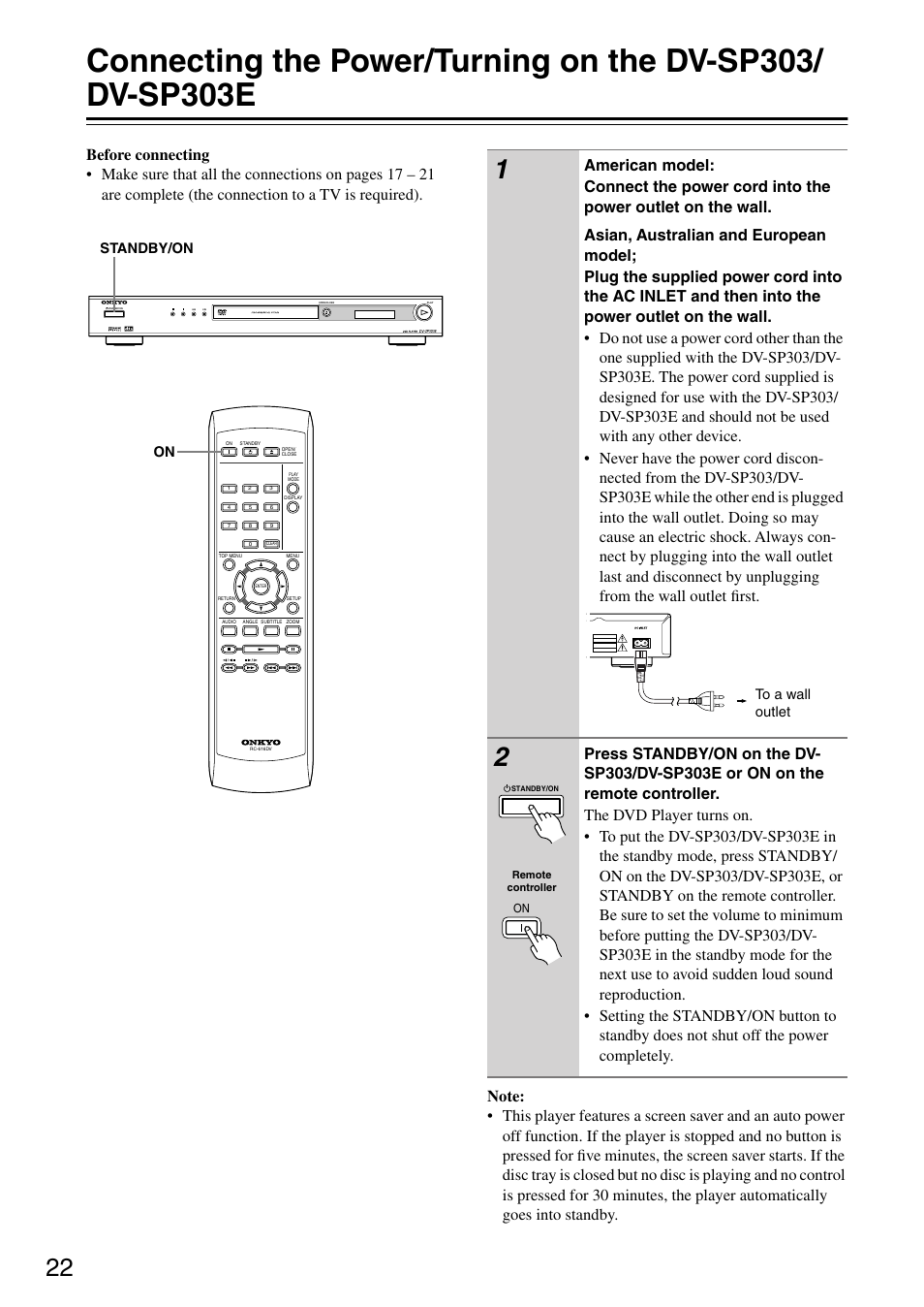 Connecting the power/turning on, The dv-sp303/dv-sp303e, Utton [22 | Inlet [22] (not nor, Standby/on | Onkyo DV-SP303E User Manual | Page 22 / 56