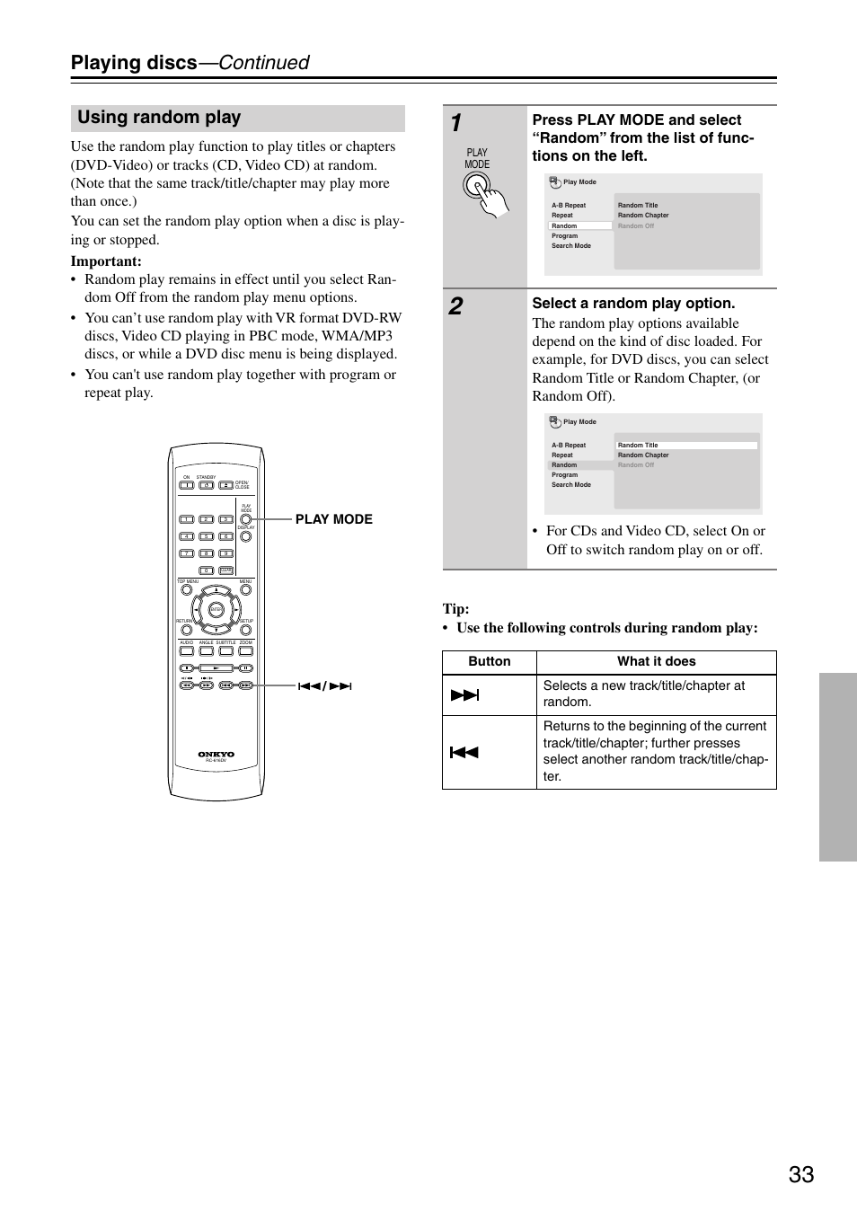 Using random play, Playing discs —continued, Play mode | Onkyo DV-SP303E User Manual | Page 33 / 56