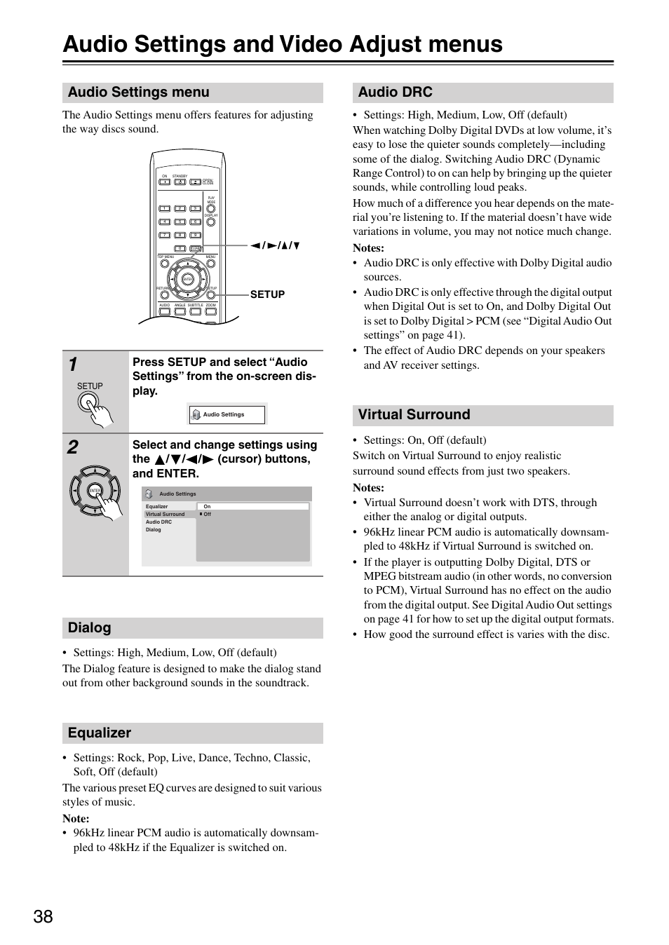 Audio settings and video adjust menus, Audio settings menu, Dialog | Equalizer, Audio drc, Virtual surround, Dialog equalizer, Audio drc virtual surround | Onkyo DV-SP303E User Manual | Page 38 / 56