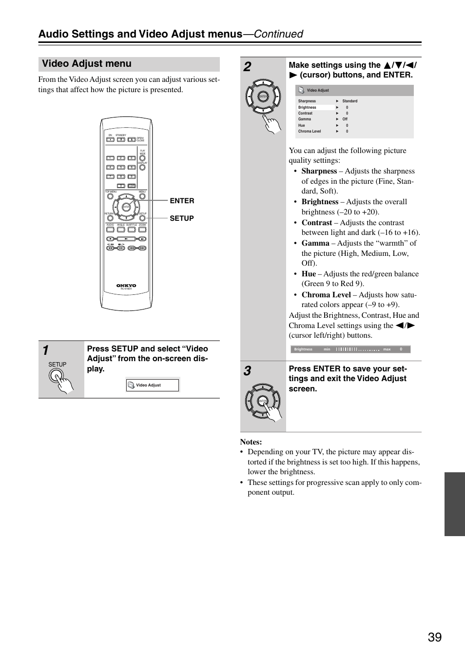 Video adjust menu, Audio settings and video adjust menus —continued | Onkyo DV-SP303E User Manual | Page 39 / 56