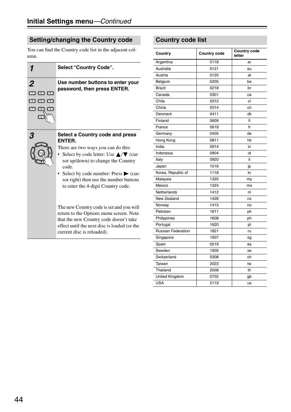 Setting/changing the country code, Country code list, Initial settings menu —continued | Select “country code | Onkyo DV-SP303E User Manual | Page 44 / 56
