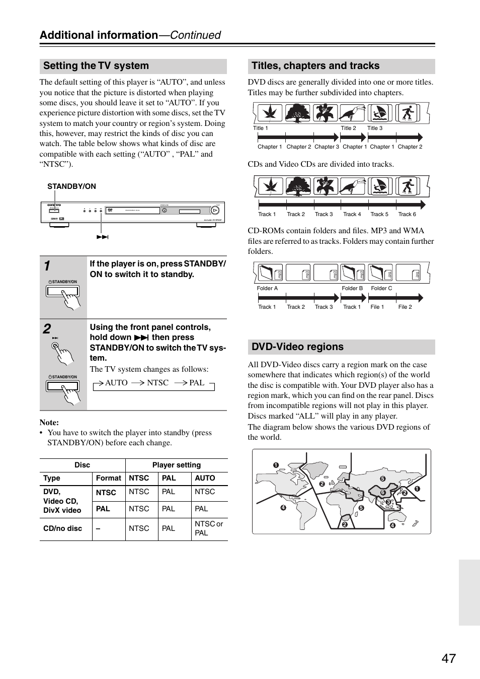 Setting the tv system, Titles, chapters and tracks, Dvd-video regions | Additional information —continued, Titles, chapters and tracks dvd-video regions | Onkyo DV-SP303E User Manual | Page 47 / 56