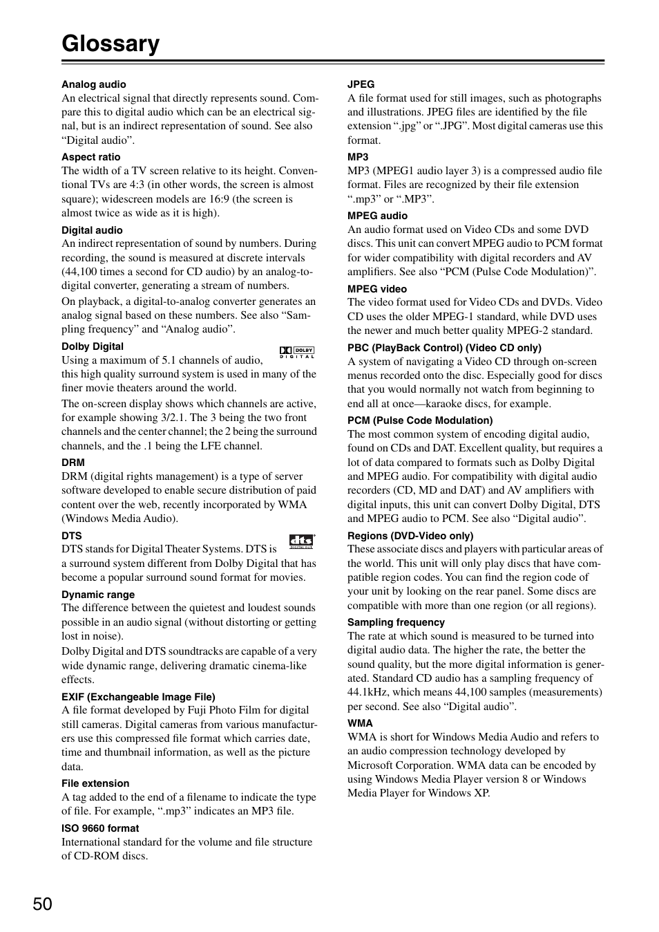 Glossary | Onkyo DV-SP303E User Manual | Page 50 / 56