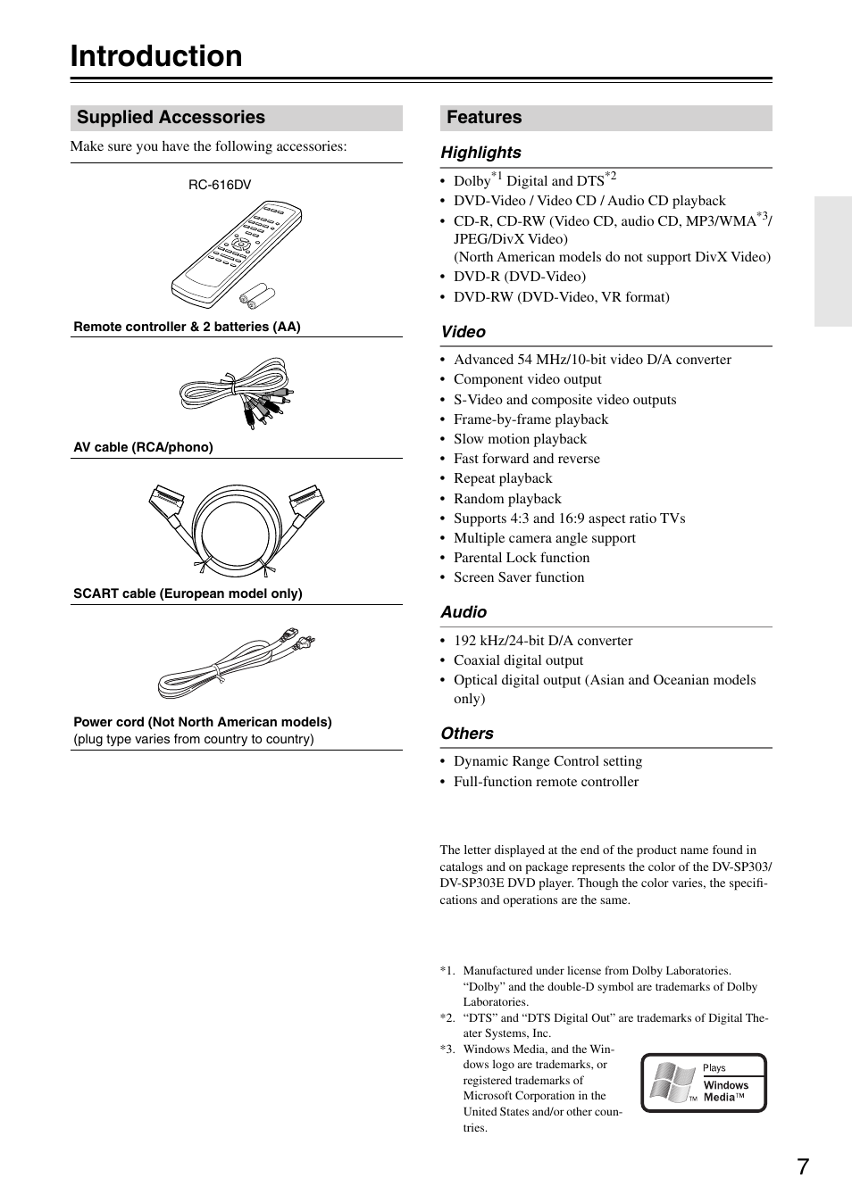 Introduction, Supplied accessories, Features | Supplied accessories features | Onkyo DV-SP303E User Manual | Page 7 / 56