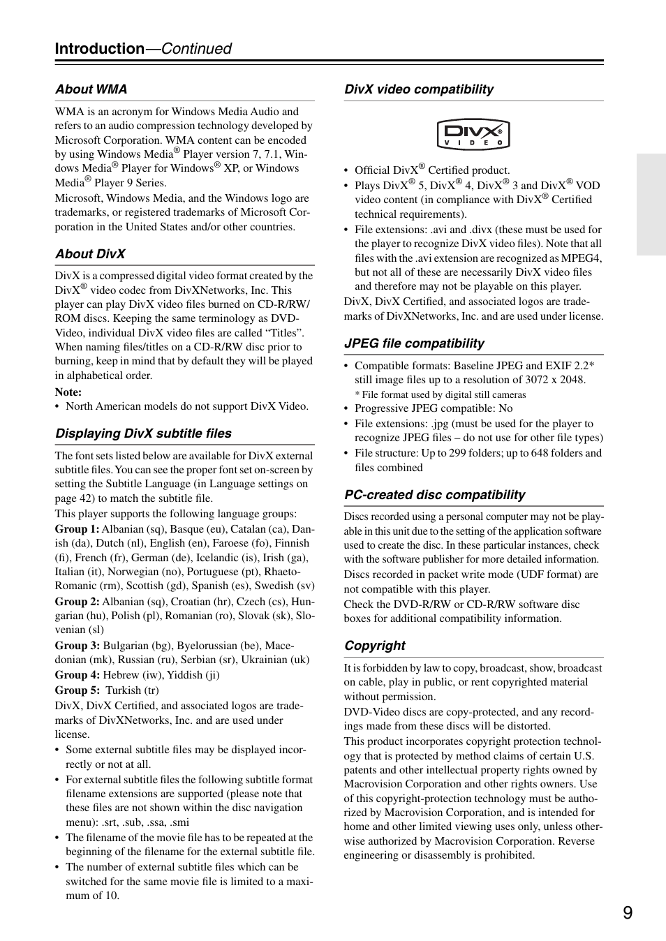 Introduction —continued | Onkyo DV-SP303E User Manual | Page 9 / 56