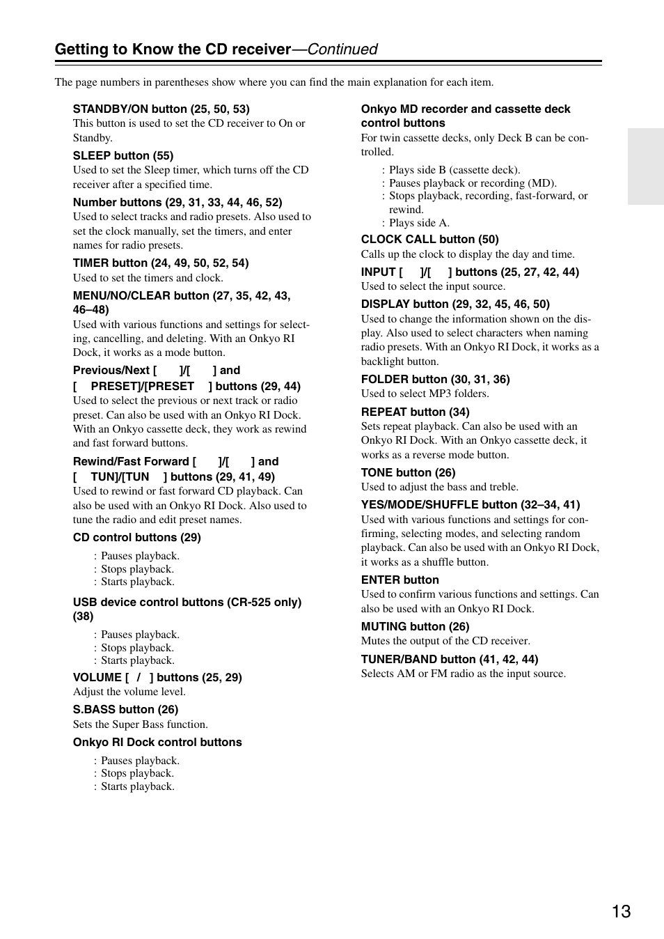 Getting to know the cd receiver —continued | Onkyo CR-325 User Manual | Page 13 / 60