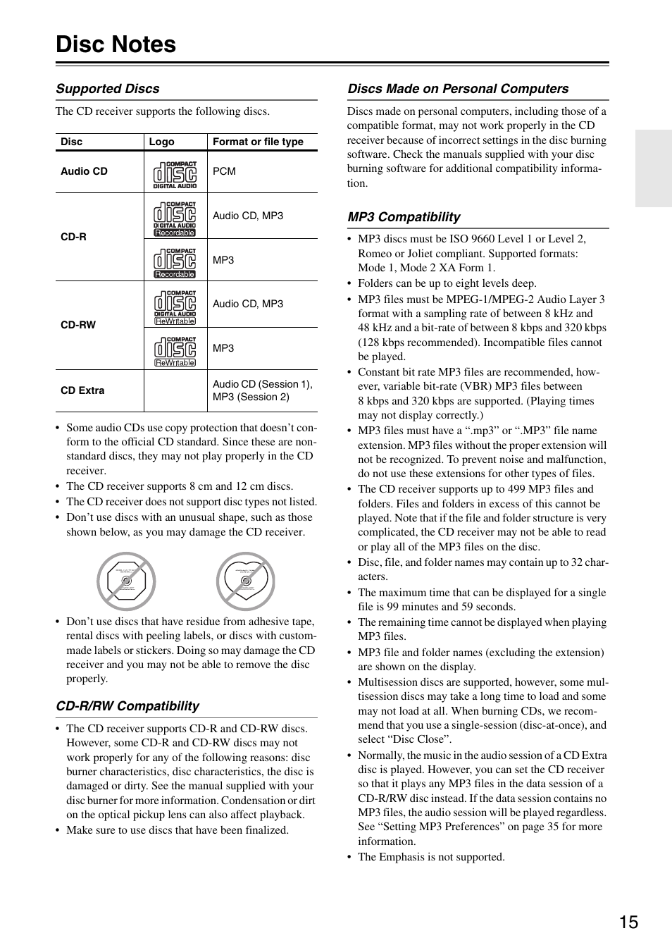 Disc notes | Onkyo CR-325 User Manual | Page 15 / 60