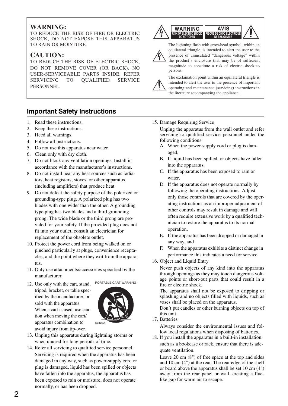Important safety instructions, Warning, Caution | Onkyo CR-325 User Manual | Page 2 / 60