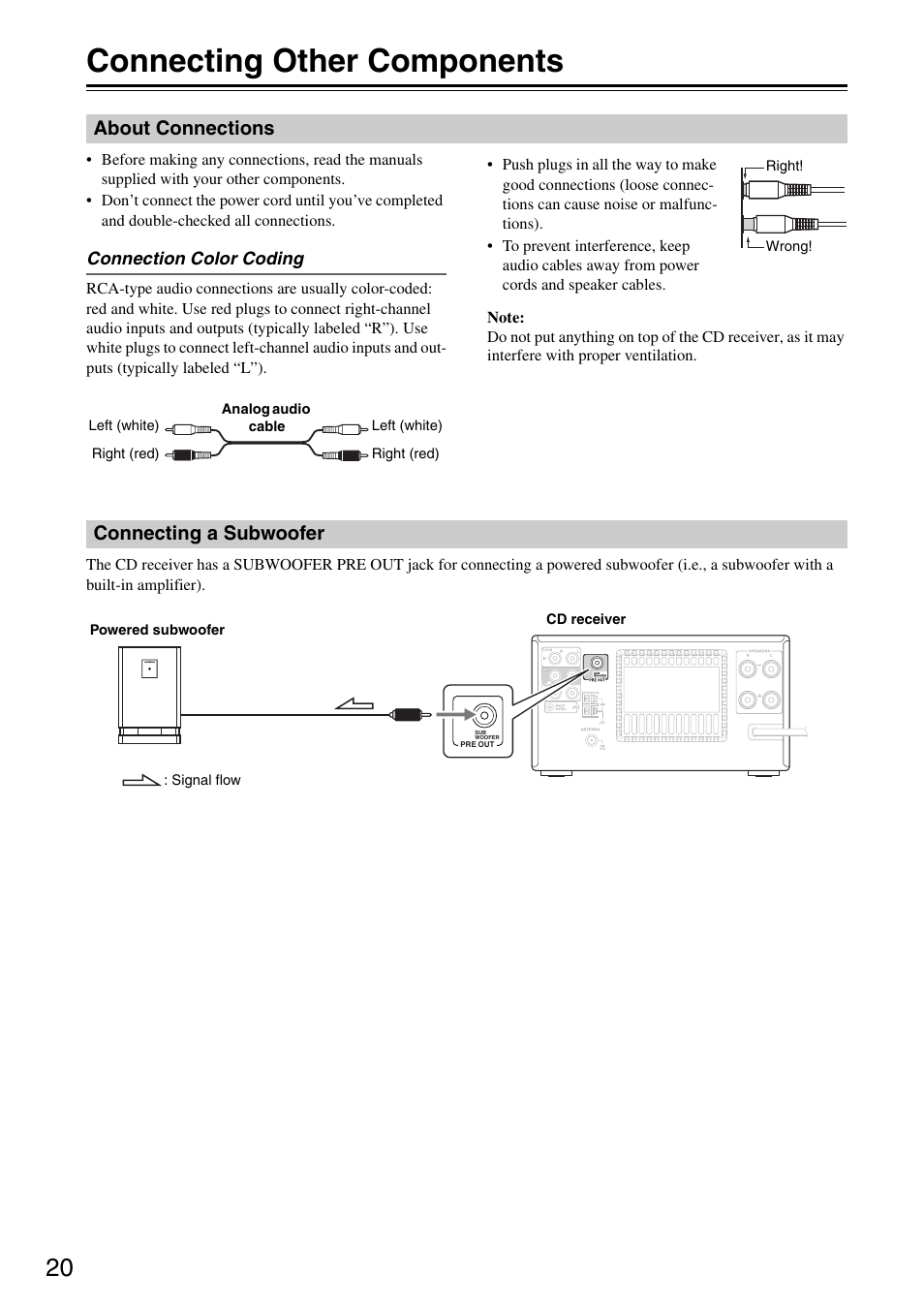 Connecting other components, About connections, Connecting a subwoofer | About connections connecting a subwoofer, Out (20) | Onkyo CR-325 User Manual | Page 20 / 60