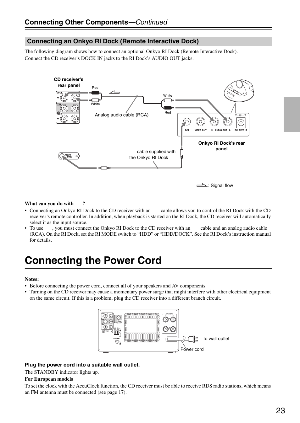 Connecting the power cord, Connecting an onkyo ri dock (remote interactive, Dock) | Tor (23, 25), Connecting other components —continued | Onkyo CR-325 User Manual | Page 23 / 60