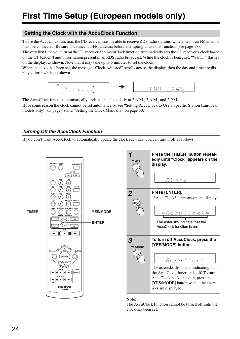First time setup (european models only), Setting the clock with the accuclock function | Onkyo CR-325 User Manual | Page 24 / 60