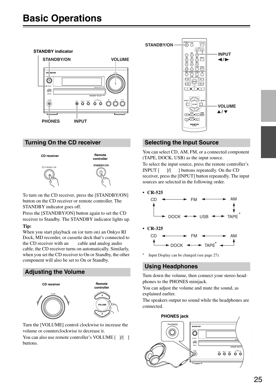 Basic operations, Turning on the cd receiver, Adjusting the volume | Selecting the input source, Using headphones, Tton (25, L (25) and indic, Ttons (25, Turning on the cd receiver adjusting the volume, Selecting the input source using headphones | Onkyo CR-325 User Manual | Page 25 / 60