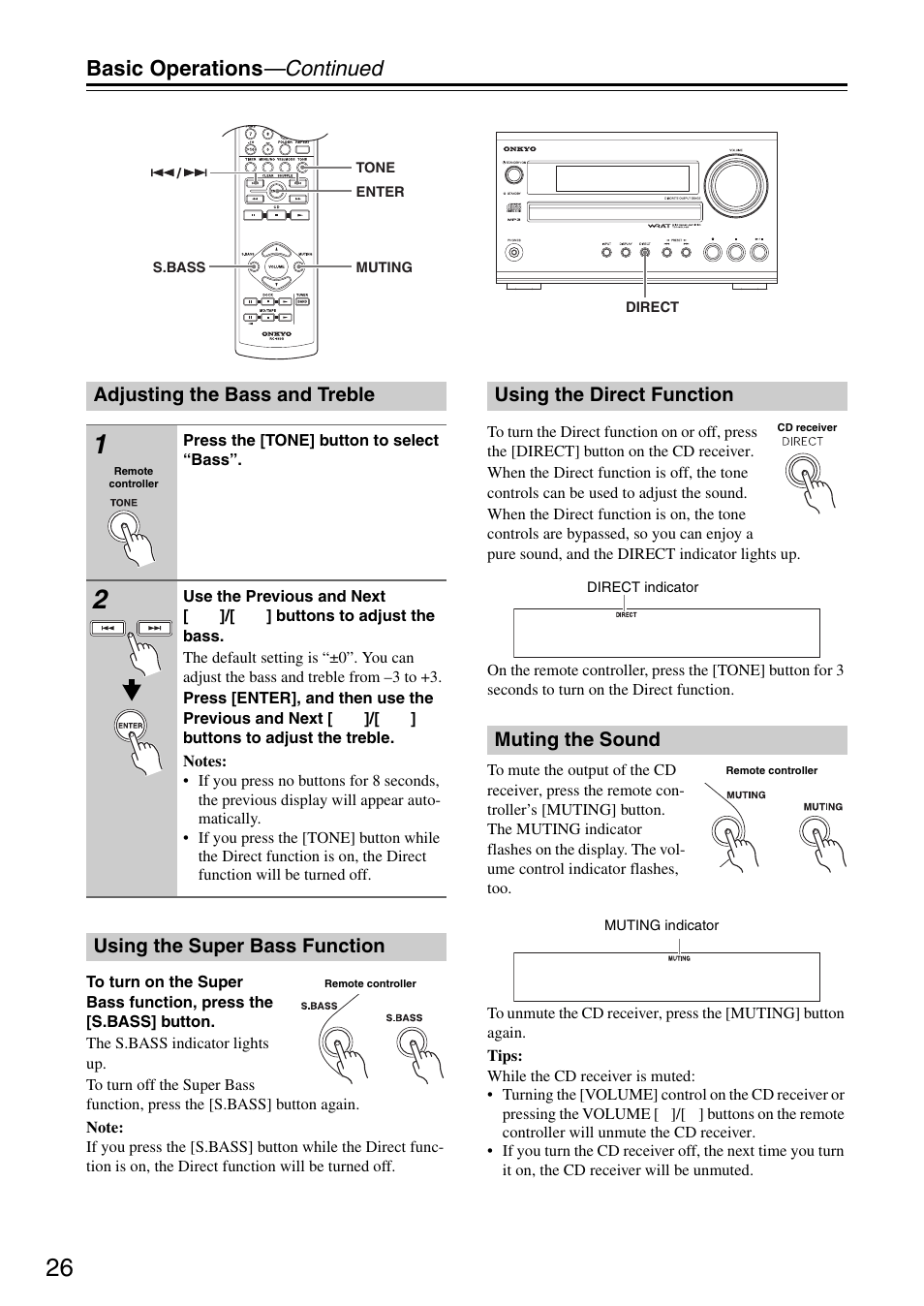 Adjusting the bass and treble, Using the super bass function, Using the direct function | Muting the sound, On (26), Basic operations —continued, Using the direct function muting the sound | Onkyo CR-325 User Manual | Page 26 / 60