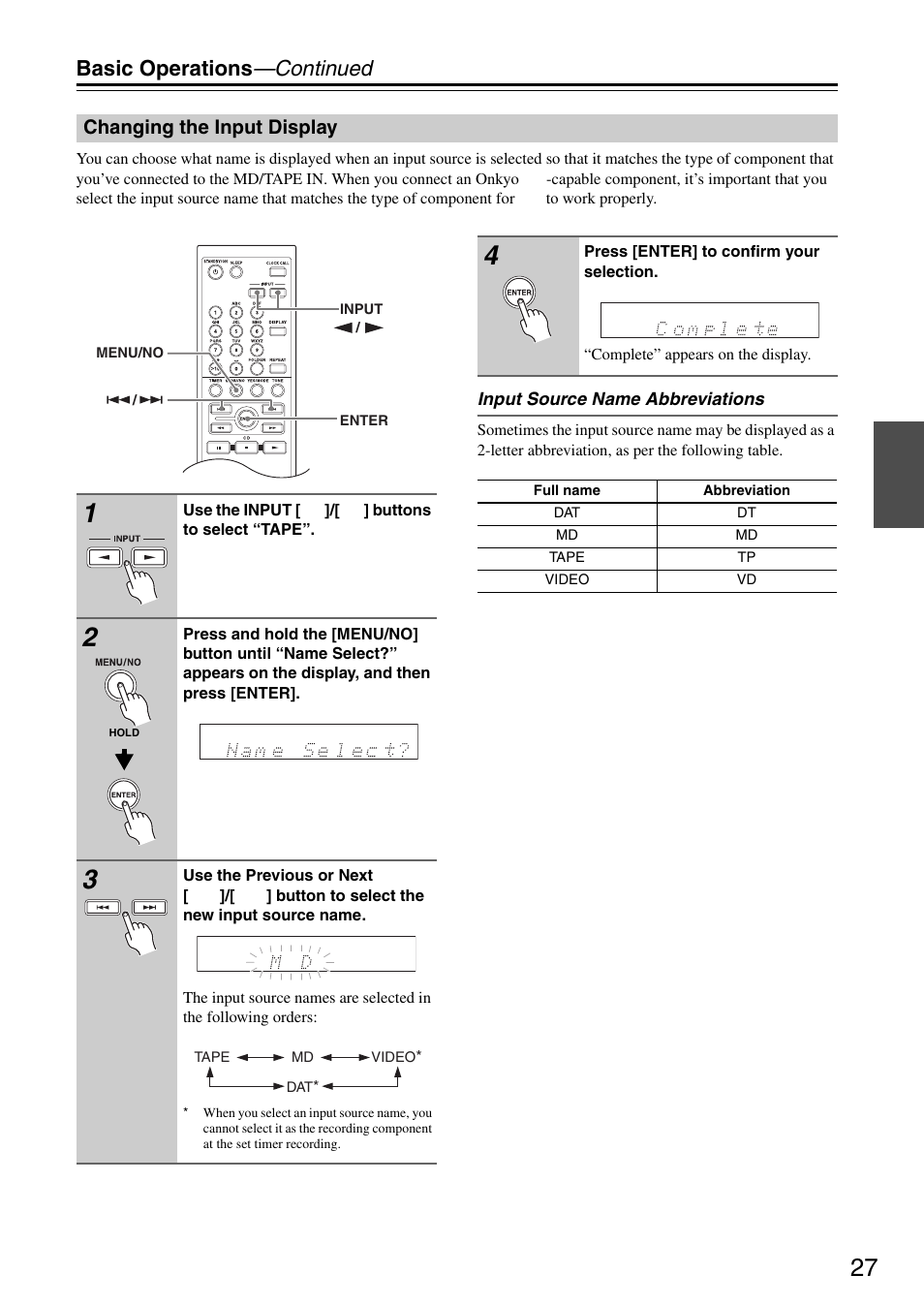Changing the input display, Basic operations —continued | Onkyo CR-325 User Manual | Page 27 / 60