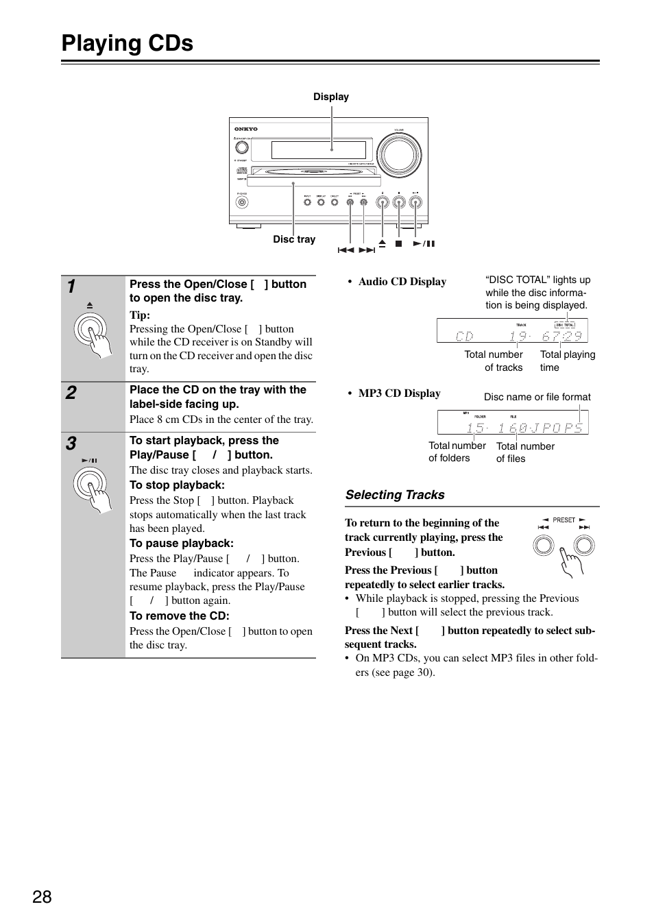 Playing cds, Ttons (28, Tton (28, 56) | Onkyo CR-325 User Manual | Page 28 / 60