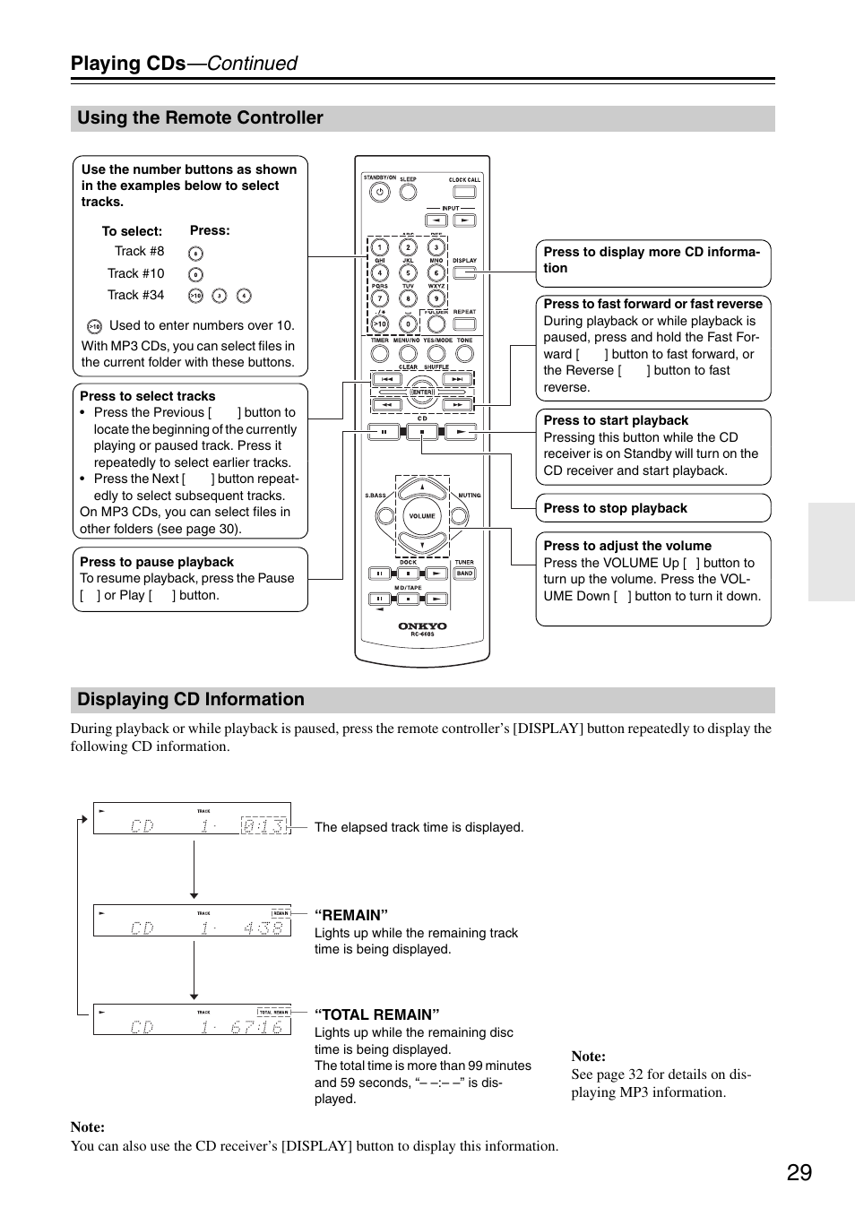 Using the remote controller, Displaying cd information, Tton (29 | Ttons (29, Ttons (29, 44), Ttons (29, 41, Ttons (29), Tton (29, 32, 45, Playing cds —continued | Onkyo CR-325 User Manual | Page 29 / 60