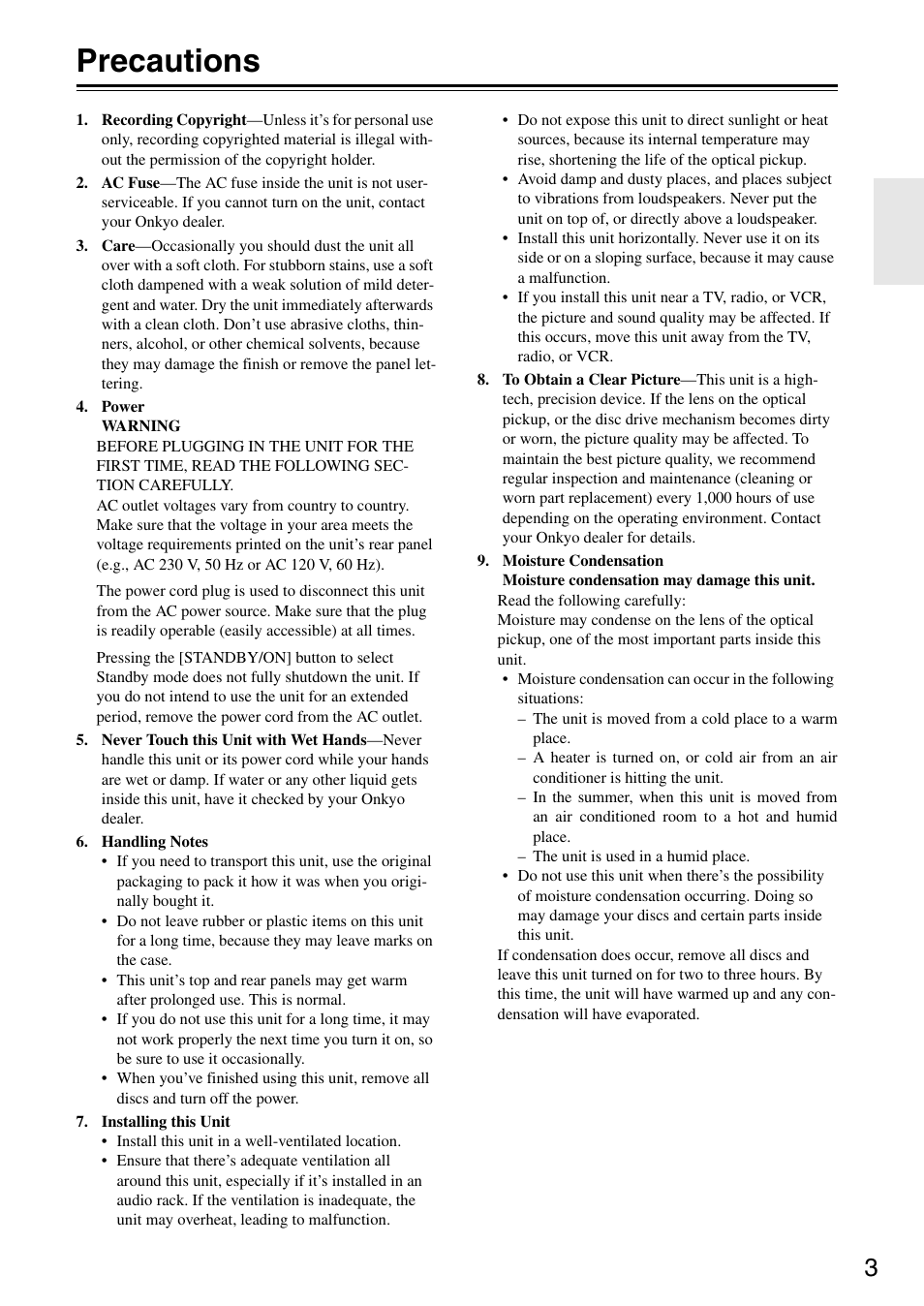 Precautions | Onkyo CR-325 User Manual | Page 3 / 60