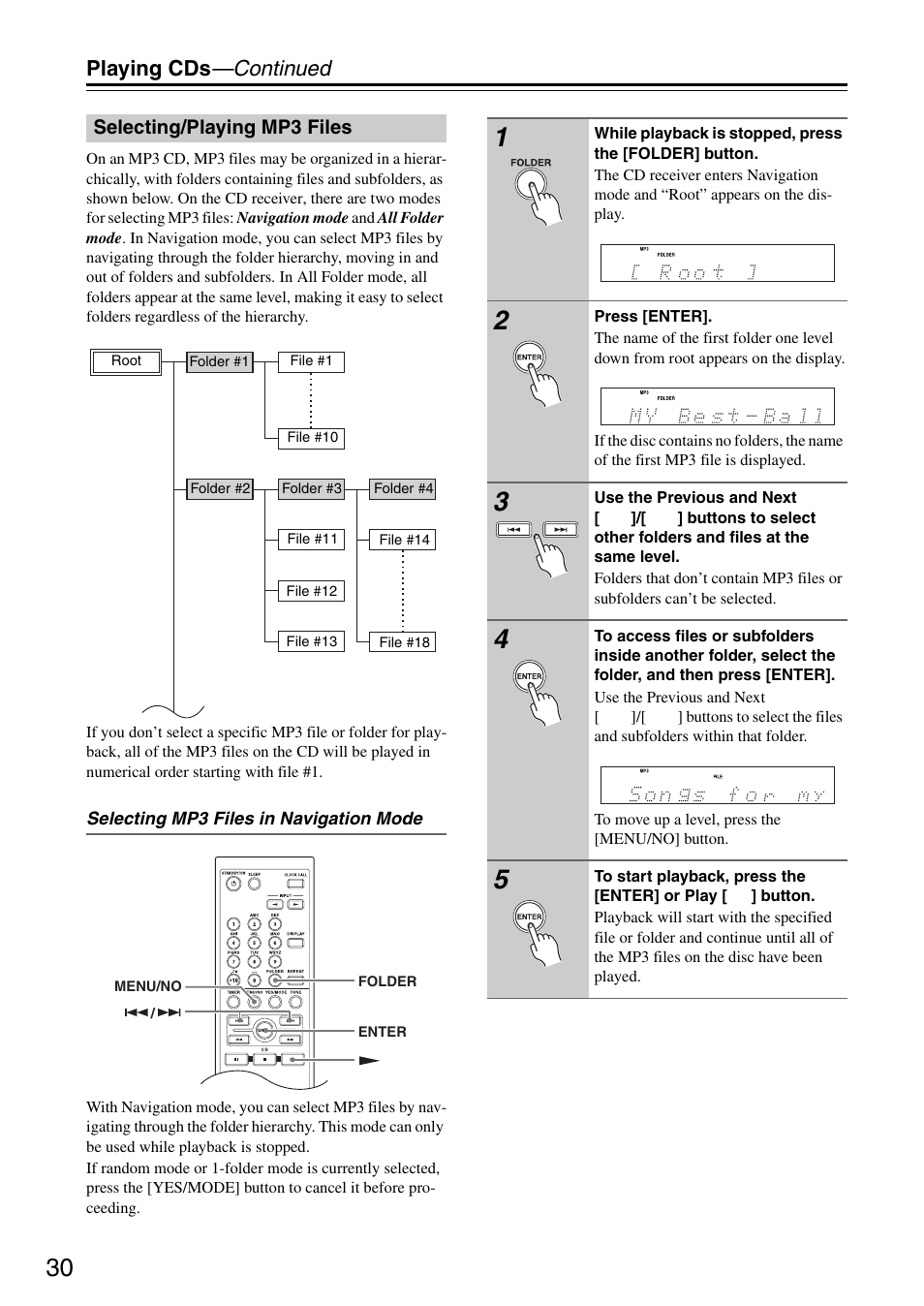 Selecting/playing mp3 files, Playing cds —continued | Onkyo CR-325 User Manual | Page 30 / 60