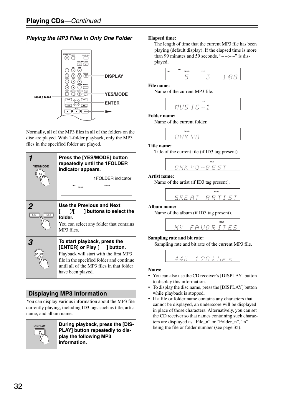 Displaying mp3 information, Playing cds —continued | Onkyo CR-325 User Manual | Page 32 / 60