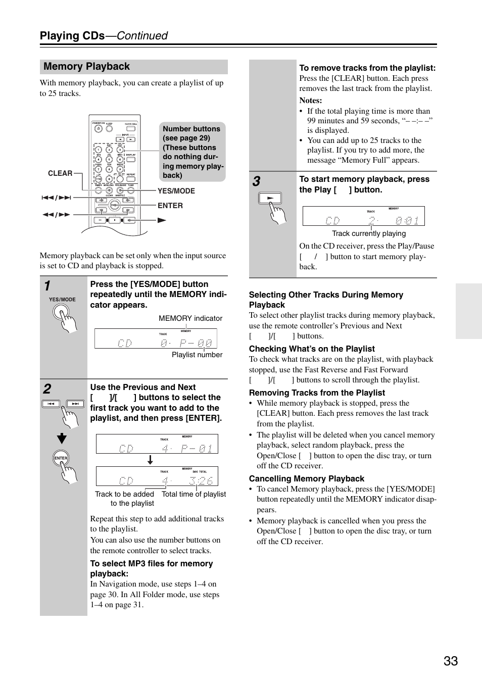 Memory playback, Playing cds —continued | Onkyo CR-325 User Manual | Page 33 / 60