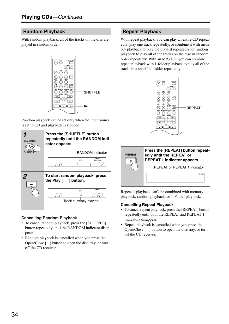 Random playback, Repeat playback, Random playback repeat playback | Playing cds —continued | Onkyo CR-325 User Manual | Page 34 / 60
