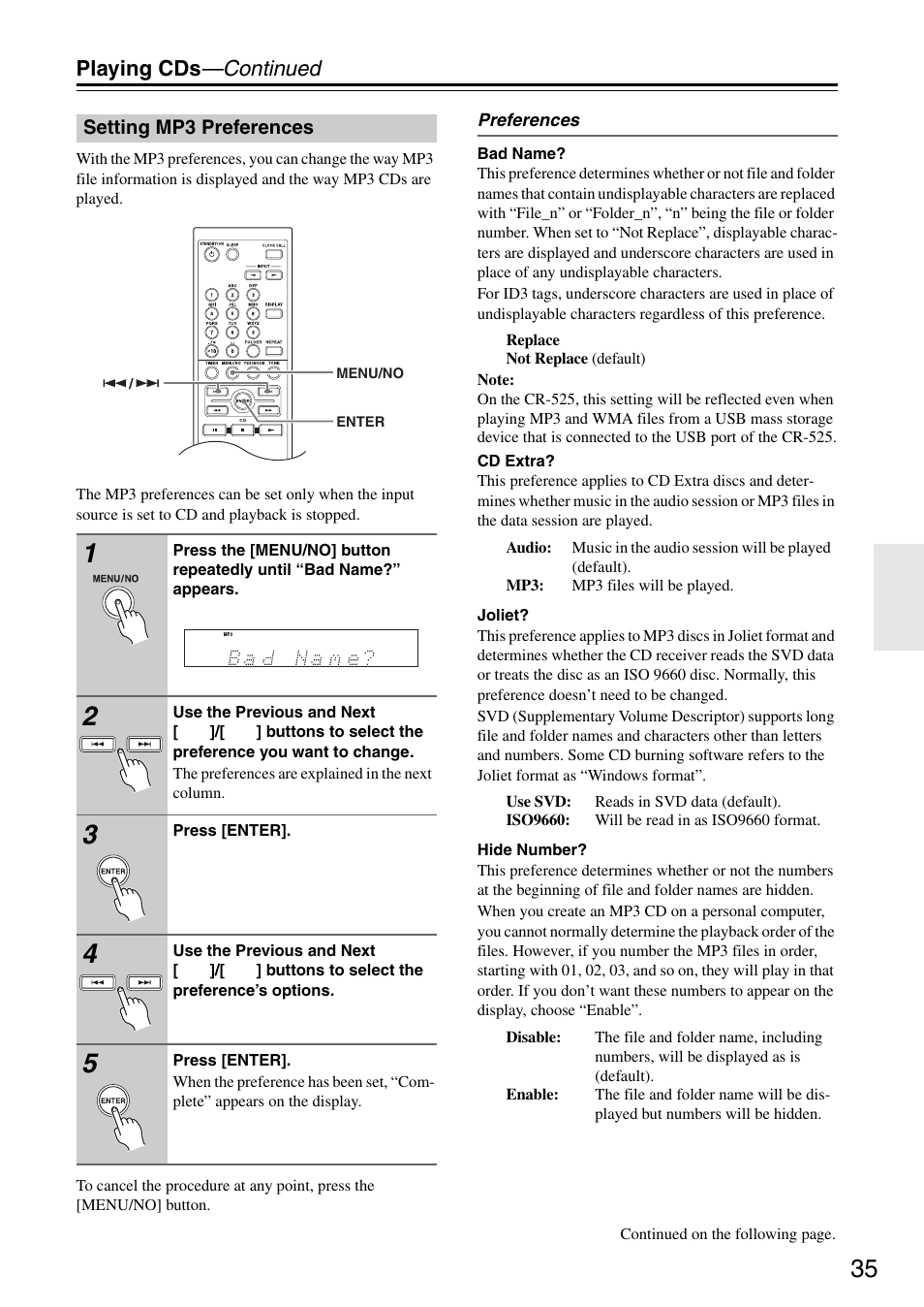 Setting mp3 preferences, Playing cds —continued | Onkyo CR-325 User Manual | Page 35 / 60