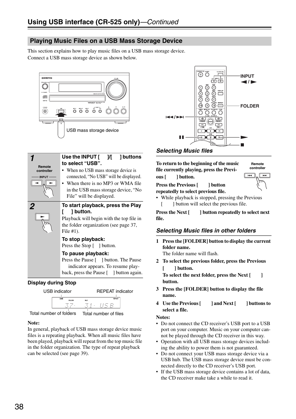 Playing music files on a usb mass storage device, Using usb interface (cr-525 only) —continued | Onkyo CR-325 User Manual | Page 38 / 60