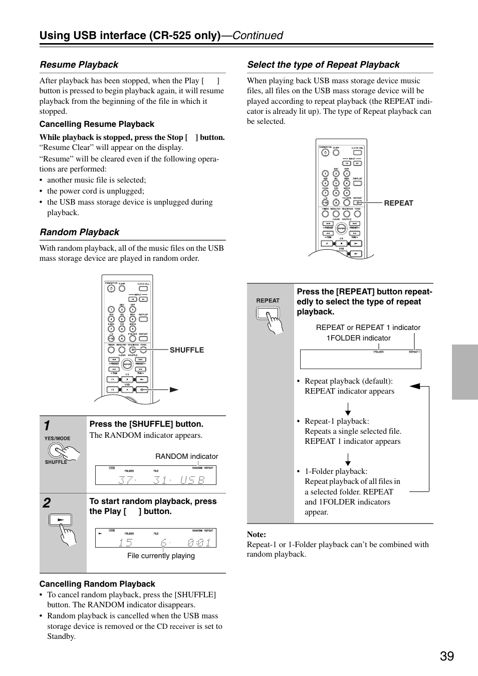 Using usb interface (cr-525 only) —continued | Onkyo CR-325 User Manual | Page 39 / 60