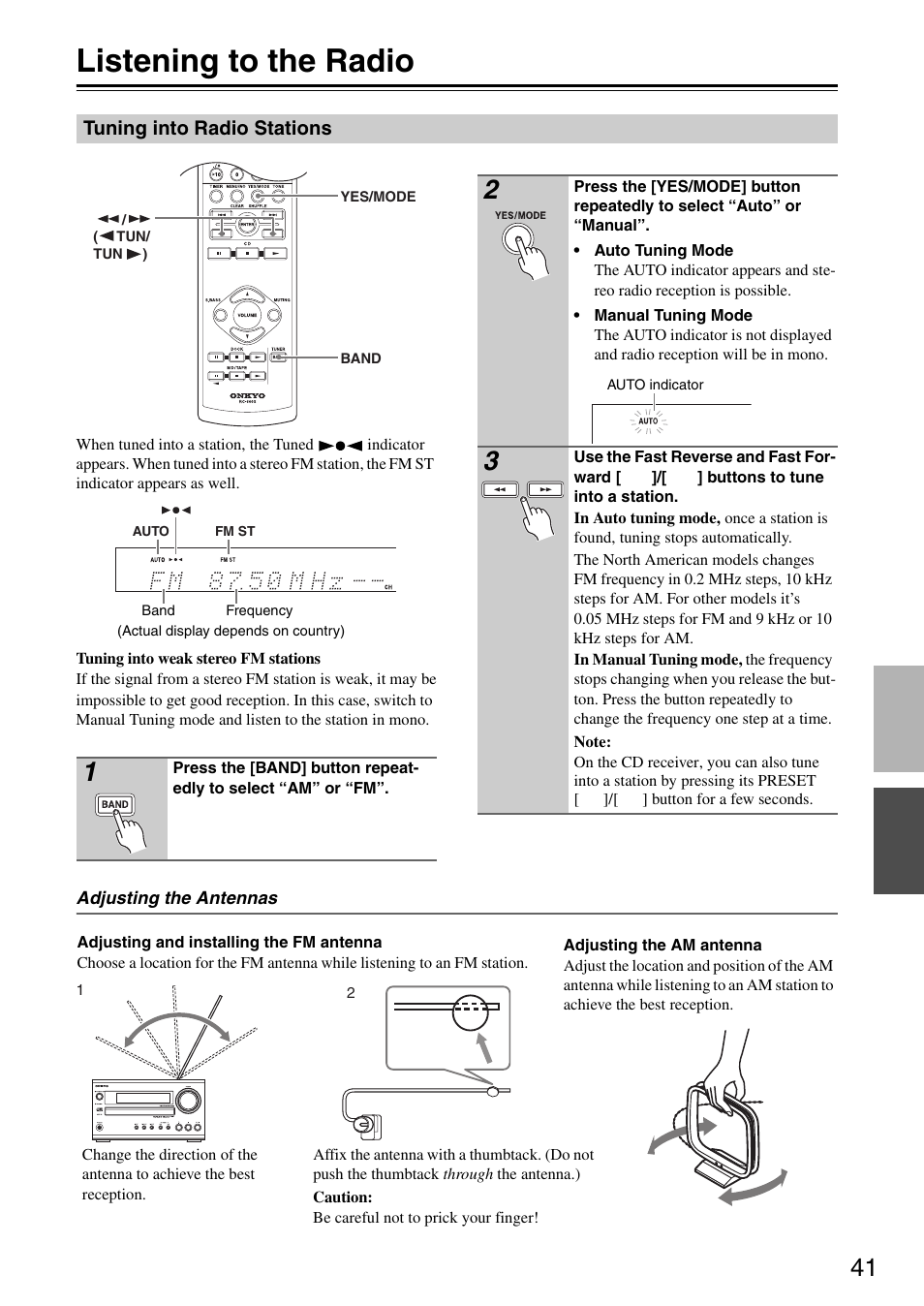 Listening to the radio, Tuning into radio stations, Tton (41, 42, 44) | Onkyo CR-325 User Manual | Page 41 / 60