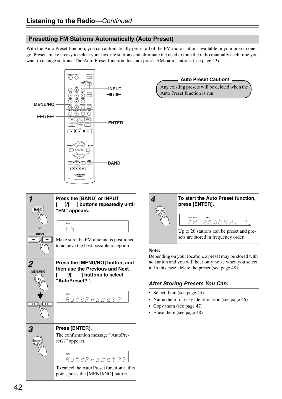 Presetting fm stations automatically (auto preset), Presetting fm stations automatically, Auto preset) | Listening to the radio —continued | Onkyo CR-325 User Manual | Page 42 / 60