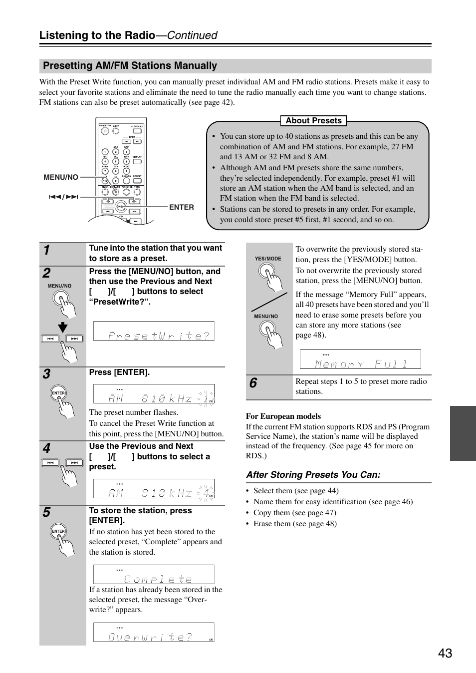 Presetting am/fm stations manually, Listening to the radio —continued | Onkyo CR-325 User Manual | Page 43 / 60