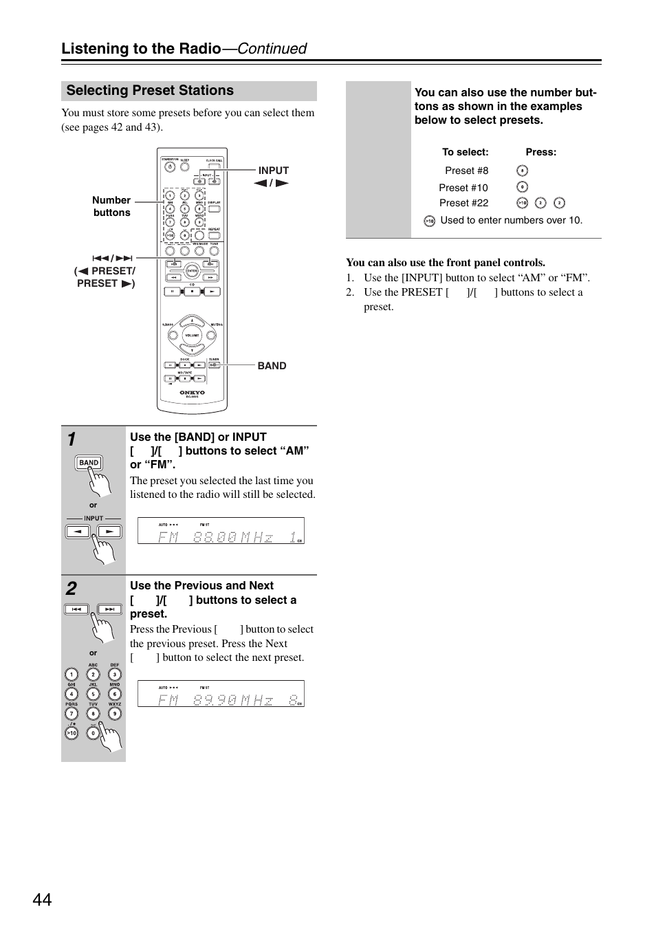 Selecting preset stations, Listening to the radio —continued | Onkyo CR-325 User Manual | Page 44 / 60