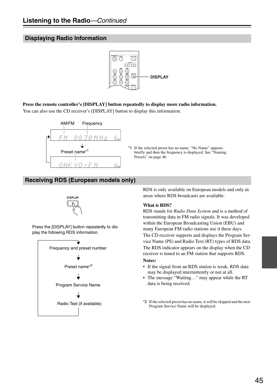 Displaying radio information, Receiving rds (european models only), Listening to the radio —continued | Onkyo CR-325 User Manual | Page 45 / 60